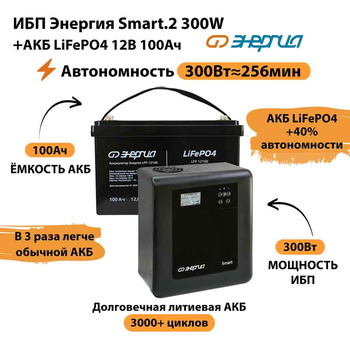 ИБП для котла Энергия Smart 2 300Вт + LiFePO4 Аккумулятор 12v 100Ah (300Вт - 256мин) - ИБП и АКБ - ИБП Энергия - ИБП для котлов отопления - Магазин электротехнических товаров Проф Ток